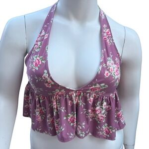 Bo Bel Floral Peplum Halter Top Pink V-Neck Stretchy Fairycore Boho Romantic L